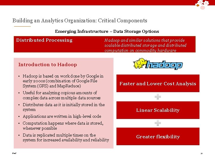 Building an Analytics Organization: Critical Components Emerging Infrastructure – Data Storage Options Distributed Processing