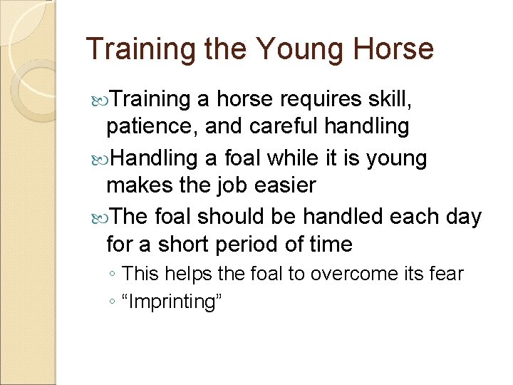 Training the Young Horse Training a horse requires skill, patience, and careful handling Handling