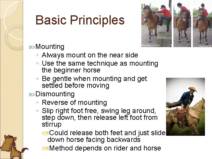 Basic Principles Mounting ◦ Always mount on the near side ◦ Use the same