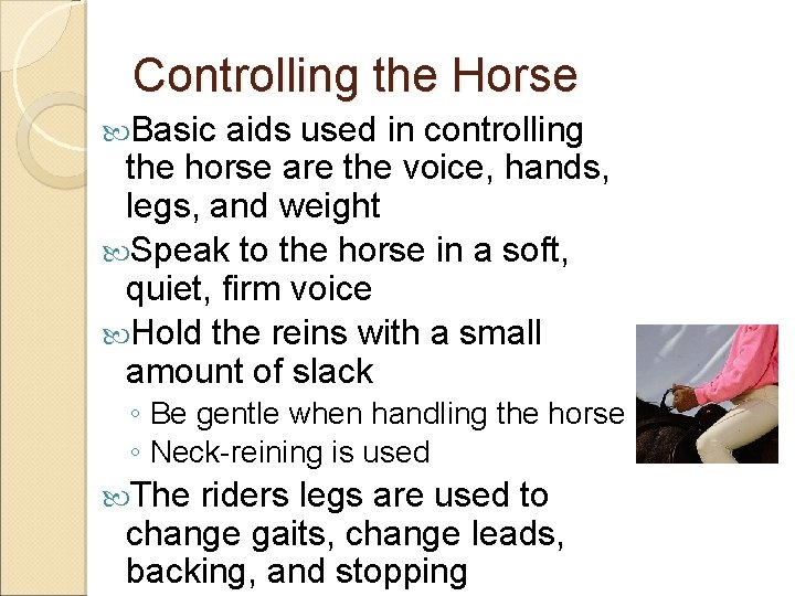 Controlling the Horse Basic aids used in controlling the horse are the voice, hands,