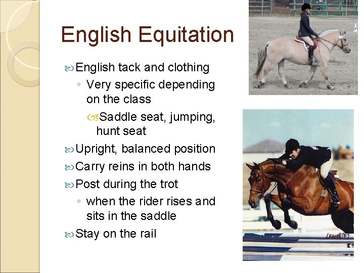English Equitation English tack and clothing ◦ Very specific depending on the class Saddle