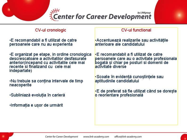 CV-ul cronologic CV-ul functional • E recomandabil a fi utilizat de catre persoanele care