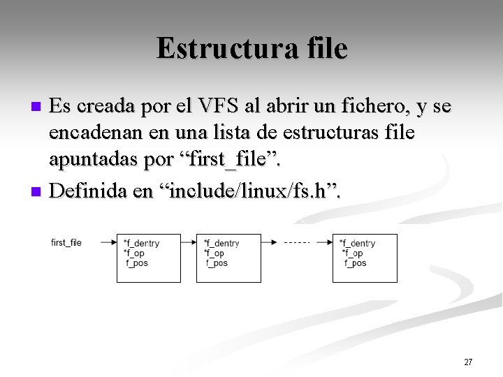 Estructura file Es creada por el VFS al abrir un fichero, y se encadenan