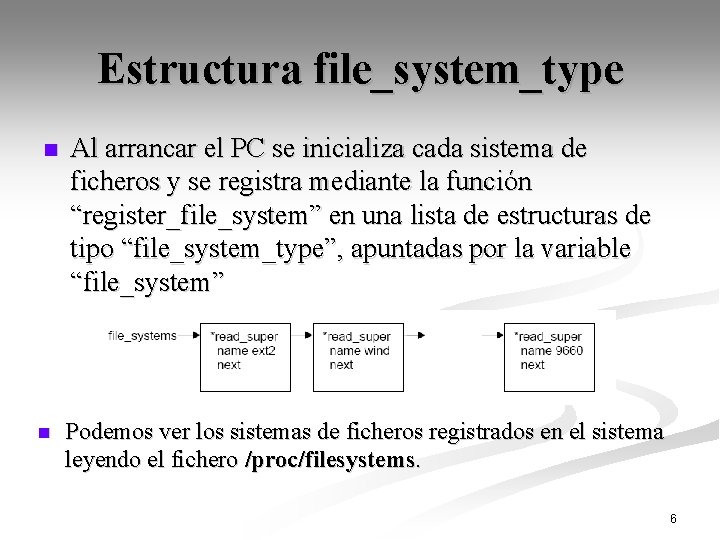 Estructura file_system_type n Al arrancar el PC se inicializa cada sistema de ficheros y