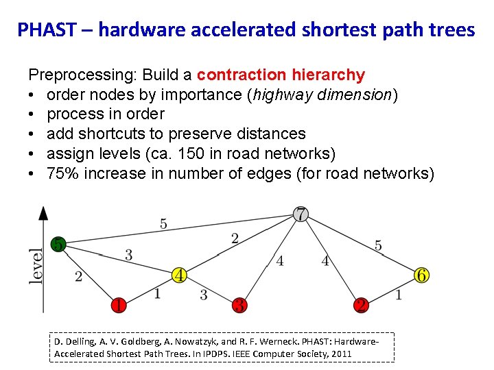 PHAST – hardware accelerated shortest path trees Preprocessing: Build a contraction hierarchy • order