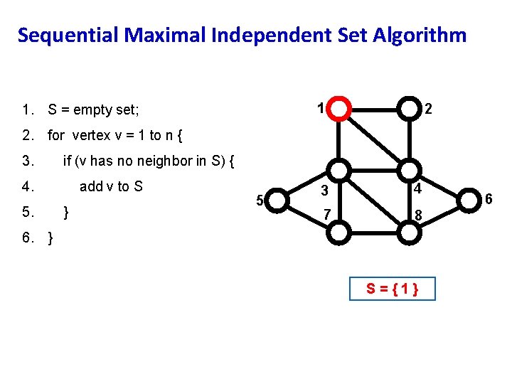 Sequential Maximal Independent Set Algorithm 1 1. S = empty set; 2 2. for