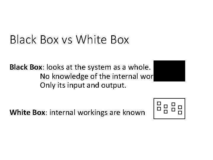 Black Box vs White Box Black Box: looks at the system as a whole. Black Box vs White Box Black Box: looks at the system as a whole.