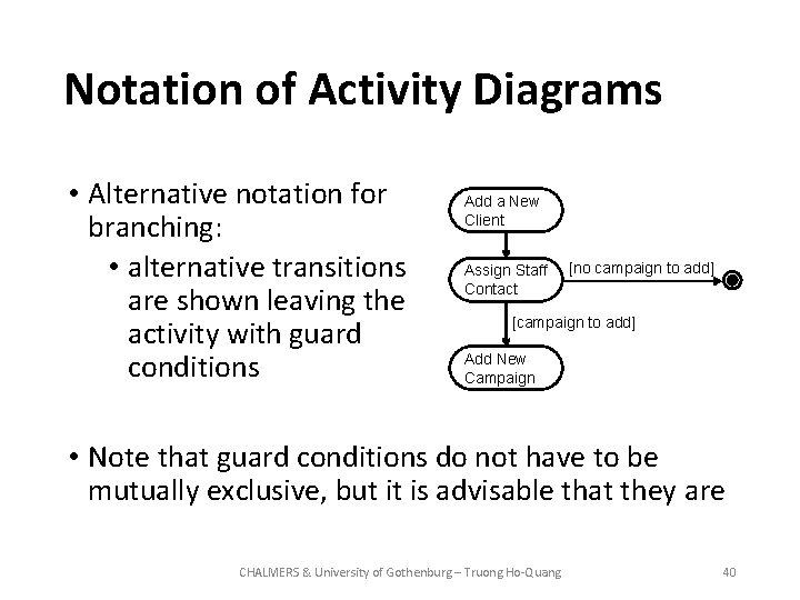 Notation of Activity Diagrams • Alternative notation for branching: • alternative transitions are shown