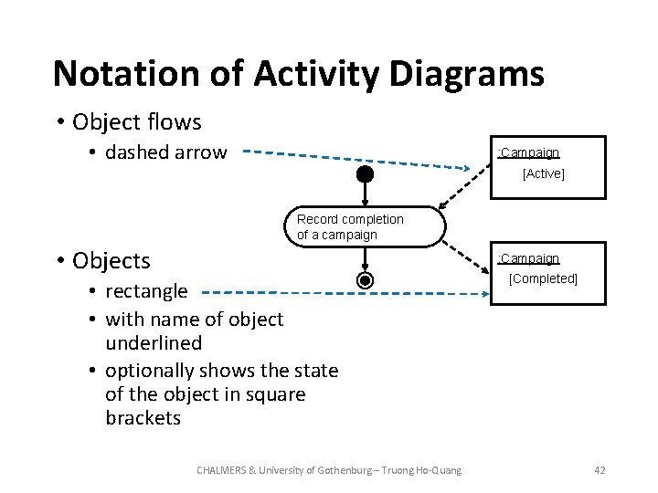 Notation of Activity Diagrams • Object flows • dashed arrow : Campaign [Active] Record