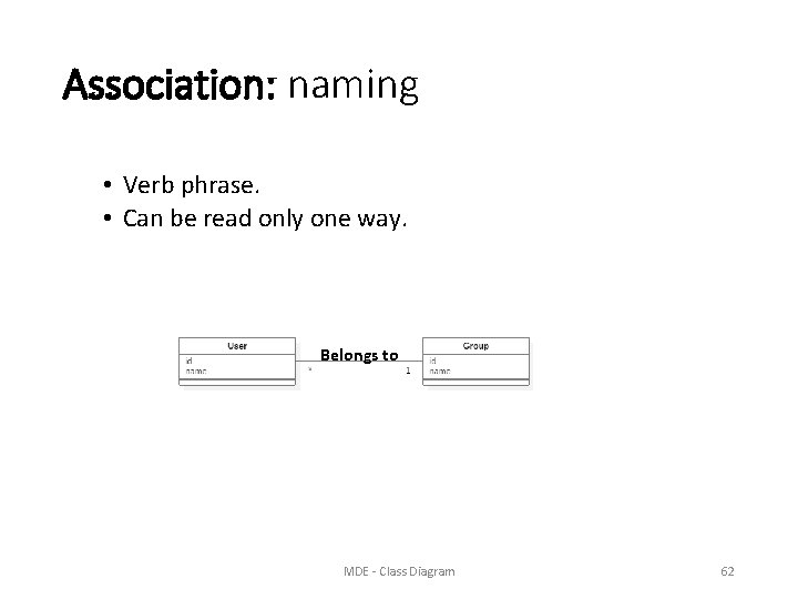 Association: naming • Verb phrase. • Can be read only one way. Belongs to