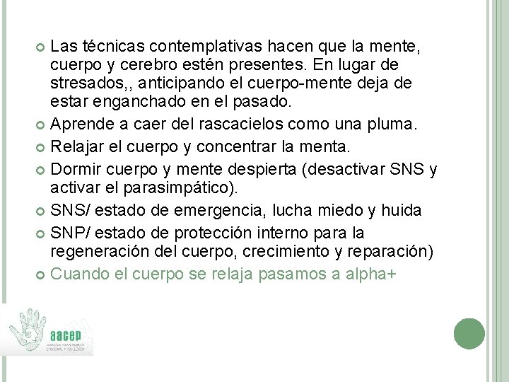 Las técnicas contemplativas hacen que la mente, cuerpo y cerebro estén presentes. En lugar