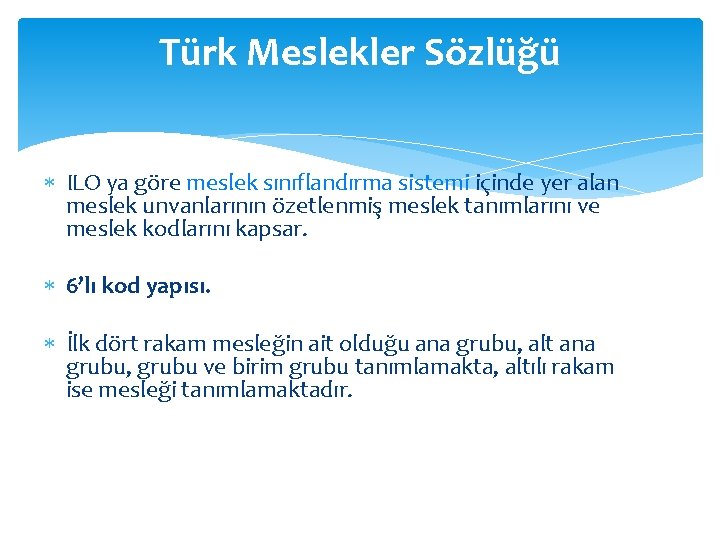 Türk Meslekler Sözlüğü ILO ya göre meslek sınıflandırma sistemi içinde yer alan meslek unvanlarının
