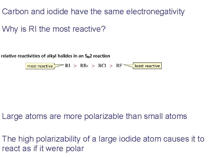 Carbon and iodide have the same electronegativity Why is RI the most reactive? Large