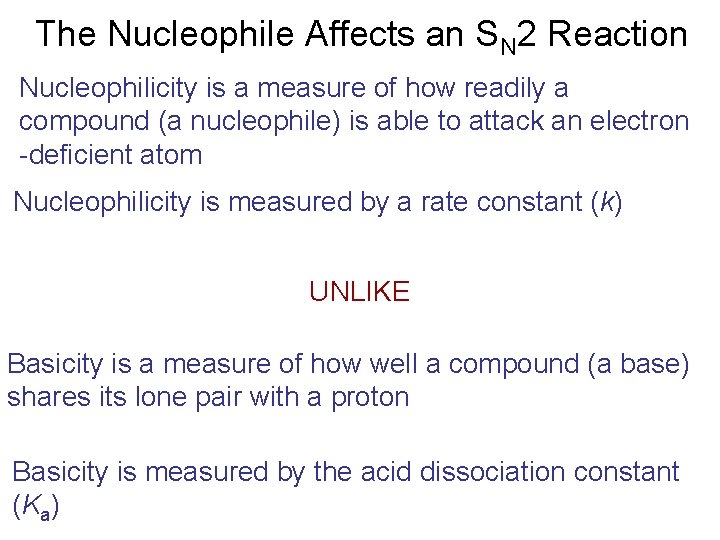 The Nucleophile Affects an SN 2 Reaction Nucleophilicity is a measure of how readily