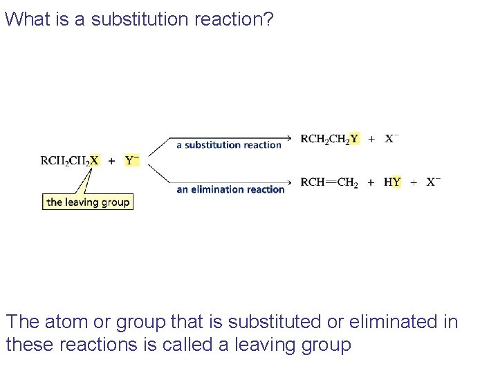 What is a substitution reaction? The atom or group that is substituted or eliminated