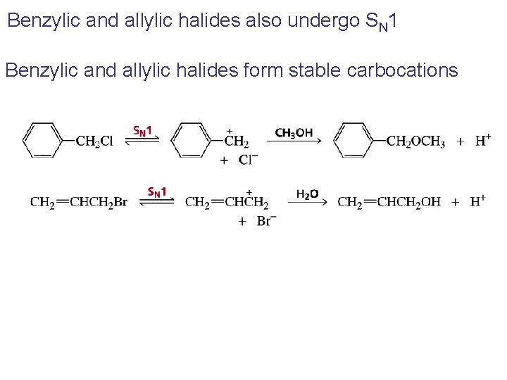 Benzylic and allylic halides also undergo SN 1 Benzylic and allylic halides form stable