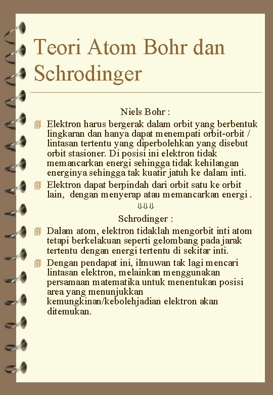 Teori Atom Bohr dan Schrodinger 4 4 Niels Bohr : Elektron harus bergerak dalam