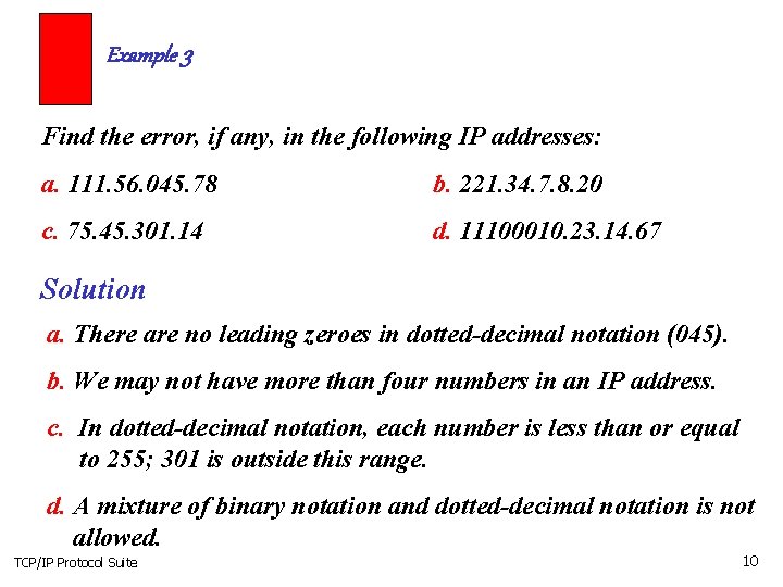 Example 3 Find the error, if any, in the following IP addresses: a. 111.