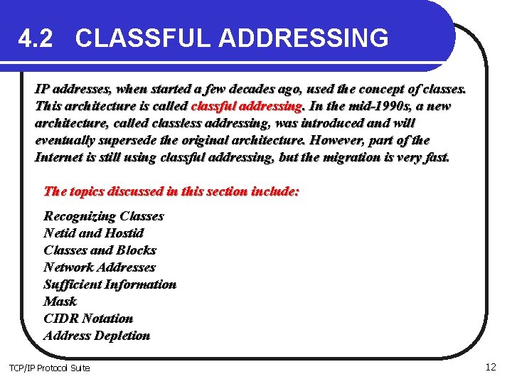 4. 2 CLASSFUL ADDRESSING IP addresses, when started a few decades ago, used the 4. 2 CLASSFUL ADDRESSING IP addresses, when started a few decades ago, used the