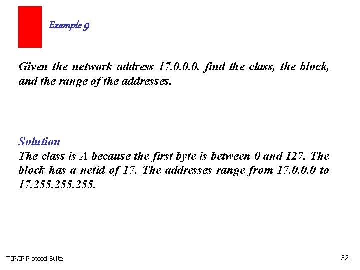 Example 9 Given the network address 17. 0. 0. 0, find the class, the Example 9 Given the network address 17. 0. 0. 0, find the class, the