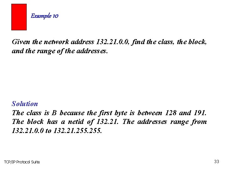 Example 10 Given the network address 132. 21. 0. 0, find the class, the