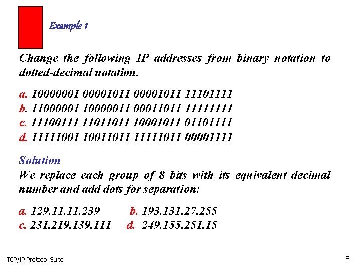 Example 1 Change the following IP addresses from binary notation to dotted-decimal notation. a.