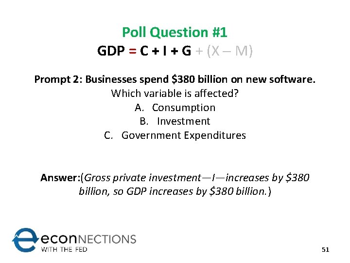 Poll Question #1 GDP = C + I + G + (X M) Prompt