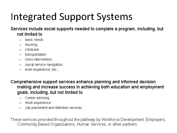Integrated Support Systems Services include social supports needed to complete a program, including, but