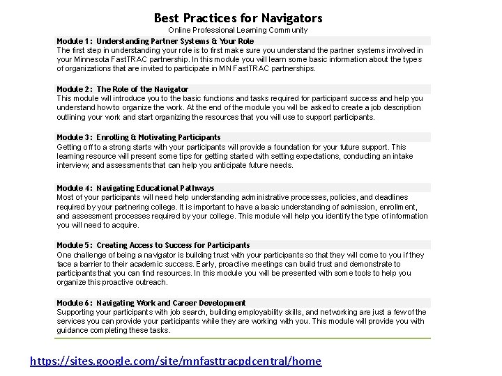 Best Practices for Navigators Online Professional Learning Community Module 1: Understanding Partner Systems &