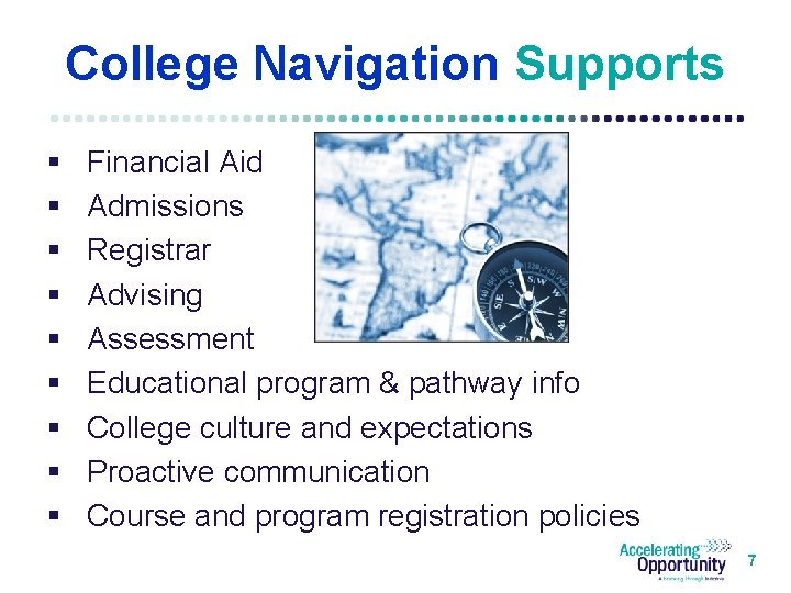 College Navigation Supports § § § § § Financial Aid Admissions Registrar Advising Assessment