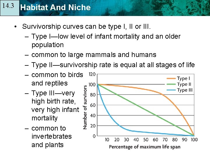 14. 3 14. 1 Habitat And Niche • Survivorship curves can be type I,
