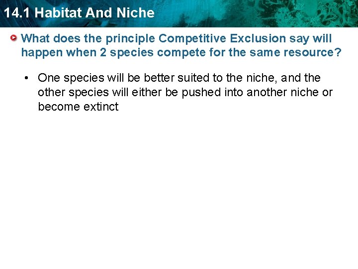 14. 1 Habitat And Niche What does the principle Competitive Exclusion say will happen