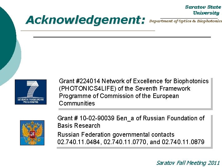 Acknowledgement: Saratov State University _______________________ Department of Optics & Biophotonics _________________________ Grant #224014 Network