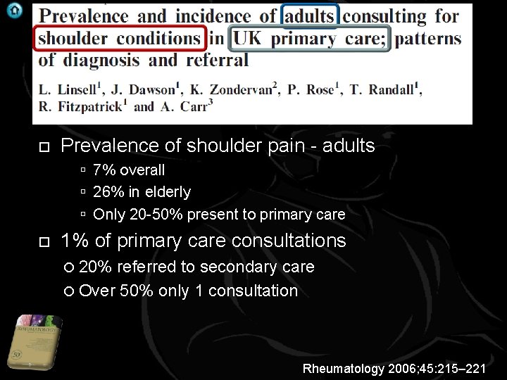 Prevalence of shoulder pain - adults 7% overall 26% in elderly Only 20 -50%