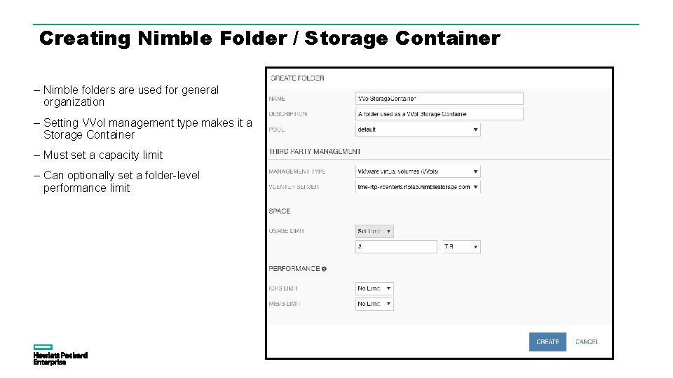 Creating Nimble Folder / Storage Container – Nimble folders are used for general organization