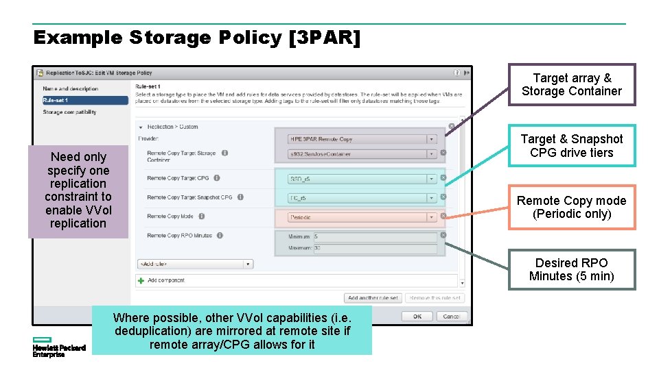 Example Storage Policy [3 PAR] Target array & Storage Container Target & Snapshot CPG