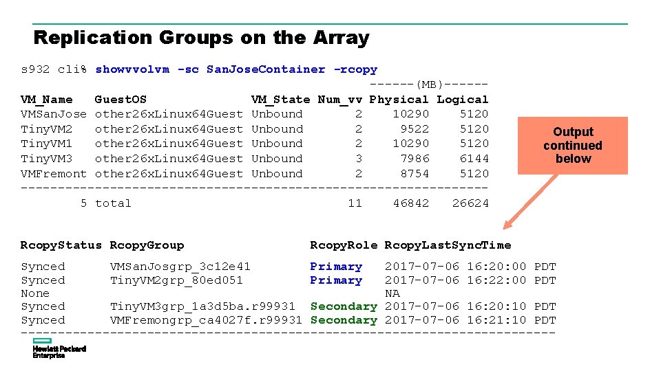 Replication Groups on the Array s 932 cli% showvvolvm -sc San. Jose. Container -rcopy