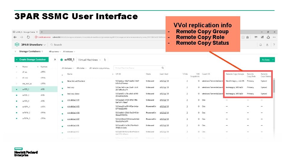 3 PAR SSMC User Interface - VVol replication info Remote Copy Group Remote Copy