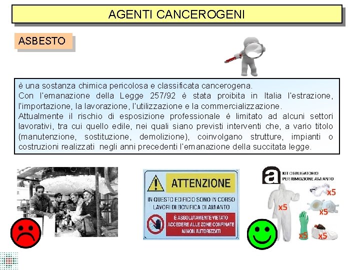 AGENTI CANCEROGENI ASBESTO è una sostanza chimica pericolosa e classificata cancerogena. Con l’emanazione della