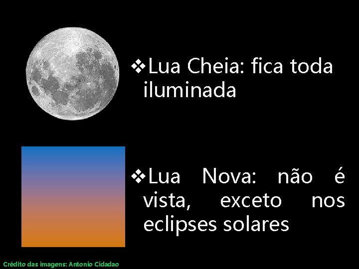 v. Lua Cheia: fica toda iluminada v. Lua Nova: não é vista, exceto nos