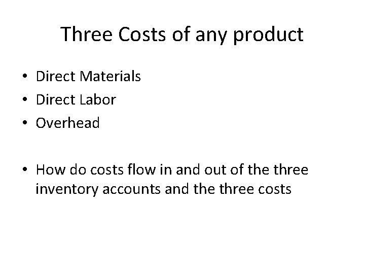 Three Costs of any product • Direct Materials • Direct Labor • Overhead •