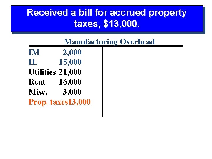 Received a bill for accrued property taxes, $13, 000. Manufacturing Overhead IM 2, 000