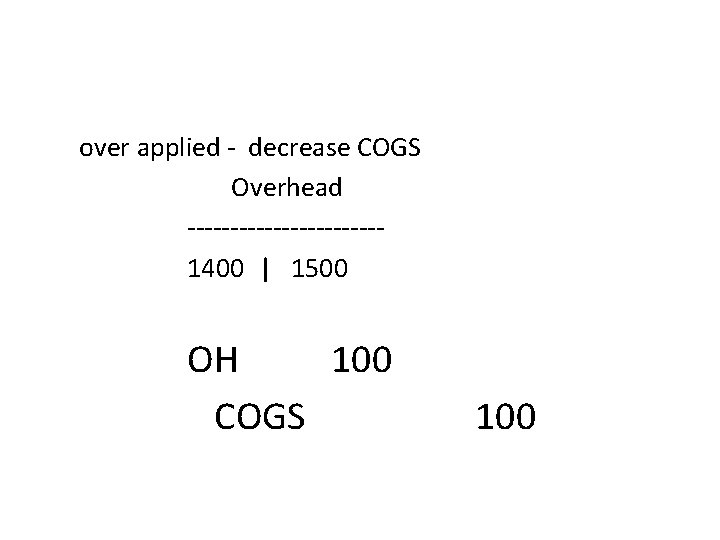 over applied - decrease COGS Overhead -----------1400 | 1500 OH 100 COGS 100 