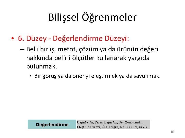 Bilişsel Öğrenmeler • 6. Düzey - Değerlendirme Düzeyi: – Belli bir iş, metot, çözüm