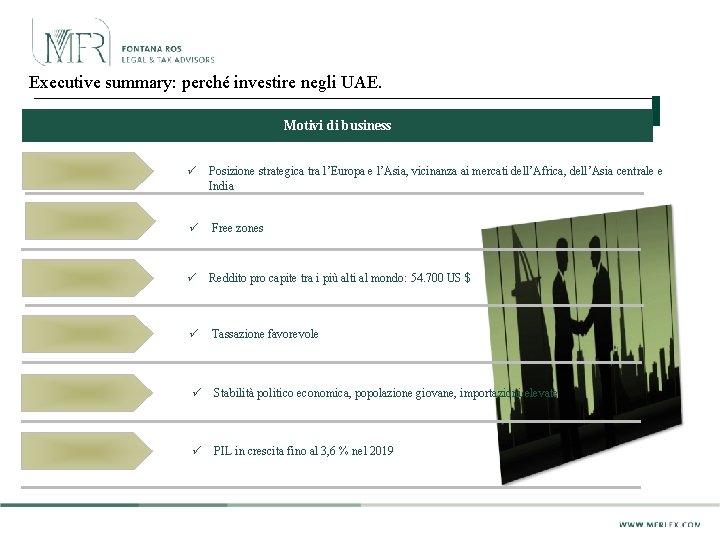 Executive summary: perché investire negli UAE. Motivi di business ü Posizione strategica tra l’Europa