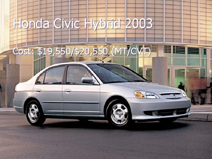 Honda Civic Hybrid 2003 Cost: $19, 550/$20, 550 (MT/CVT) 