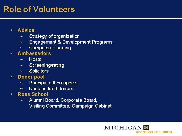Role of Volunteers • Advice ~ Strategy of organization ~ Engagement & Development Programs