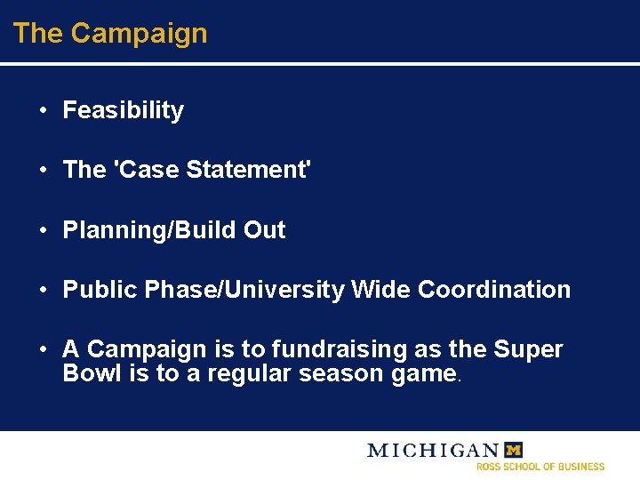 The Campaign • Feasibility • The 'Case Statement' • Planning/Build Out • Public Phase/University