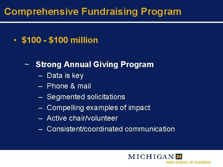 Comprehensive Fundraising Program • $100 - $100 million ~ Strong Annual Giving Program –