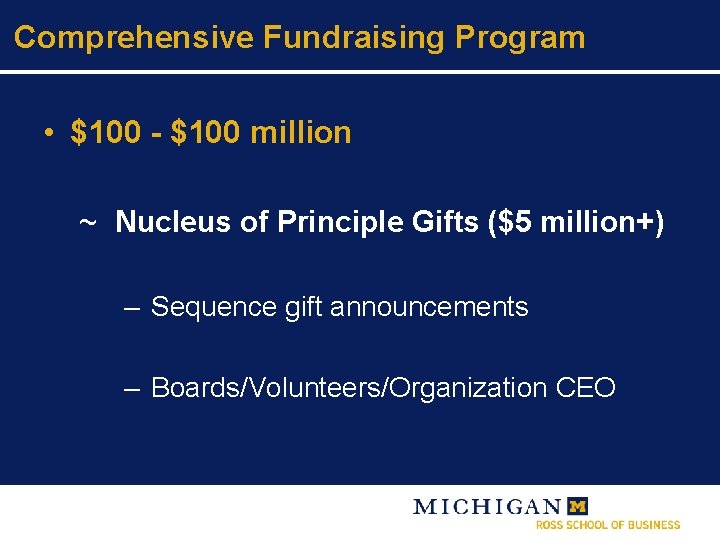 Comprehensive Fundraising Program • $100 - $100 million ~ Nucleus of Principle Gifts ($5
